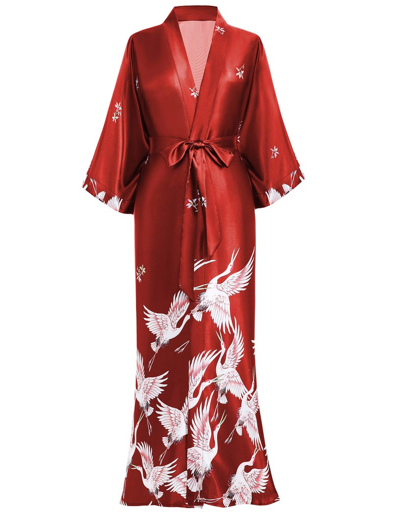 PRODESIGN Long Kimono Robe Satin Sleepwear Blouse Bathrobe Nightgown Silky Crane Kimono Cardigan Robe - Image 1
